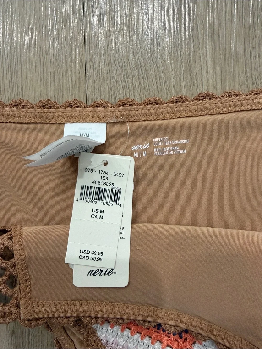 aerie Crochet Tie-Side Bikini Bottom in Brown, Navy, White, and Orange